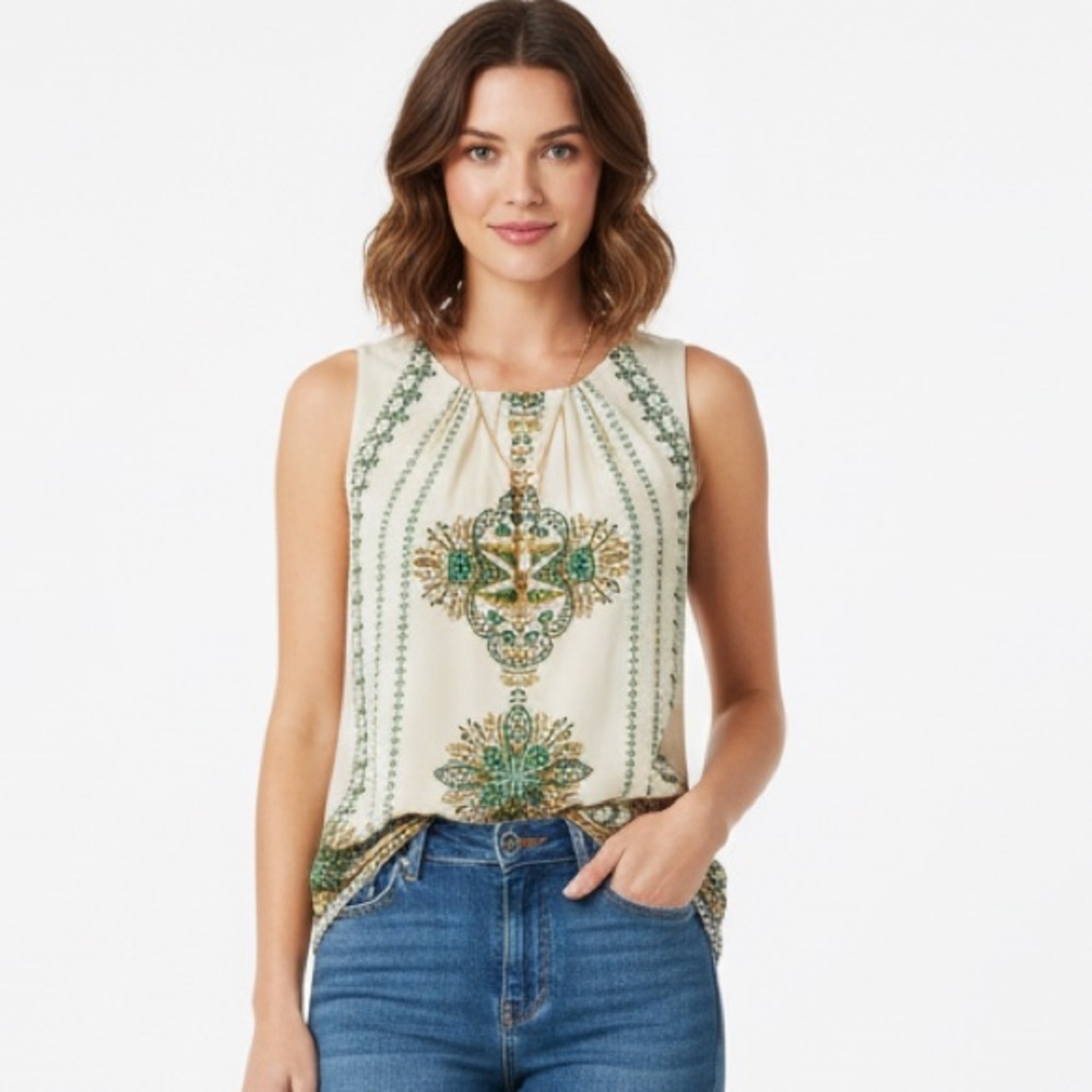 Rose + Olive Boho Geometric Floral Sleeveless Blouse XS NWT